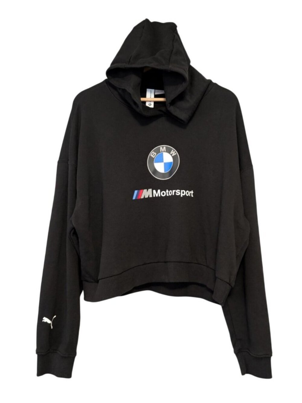 Puma BMW M Motorsport Black Cropped Pullover Hoodie Size L Dolman Sleeve